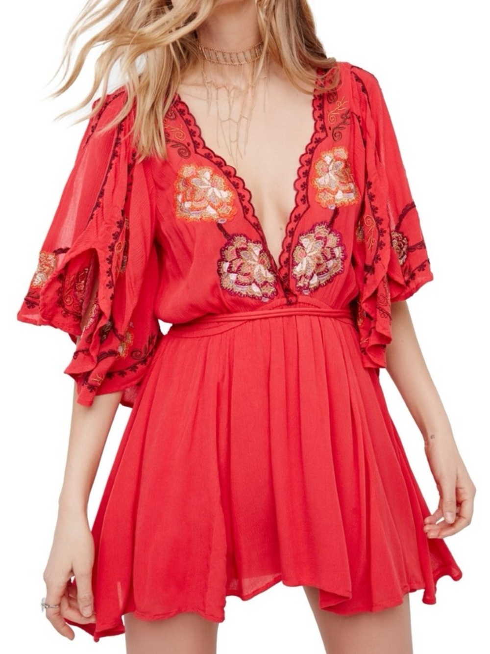 Free People Red Embroidered Plunge Mini Dress